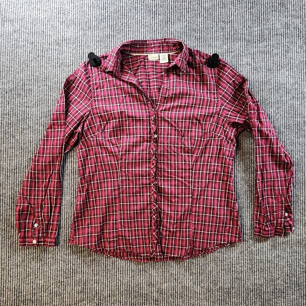 L.L.Bean Womens Large Red Plaid Button Up Shirt Ruffle Trim Long Sleeve Cotton